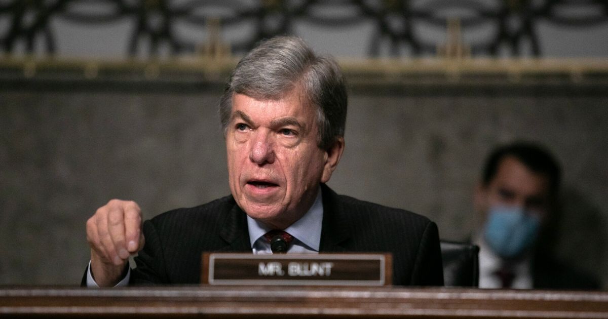 Republican Sen. Roy Blunt of Missouri speaks at a hearing examining safety certification of jetliners attended by Federal Aviation Administration chief Steve Dickson on June 17, 2020, in Washington, D.C.