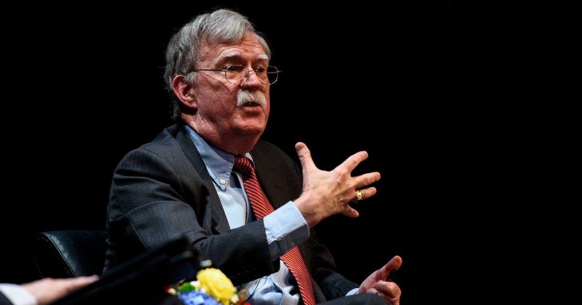 Former National Security Advisor John Bolton discusses the "current threats to national security" during a forum moderated by Peter Feaver, the director of Duke's American Grand Strategy, at the Page Auditorium on the campus of Duke University on Feb. 17, 2020, in Durham, North Carolina.