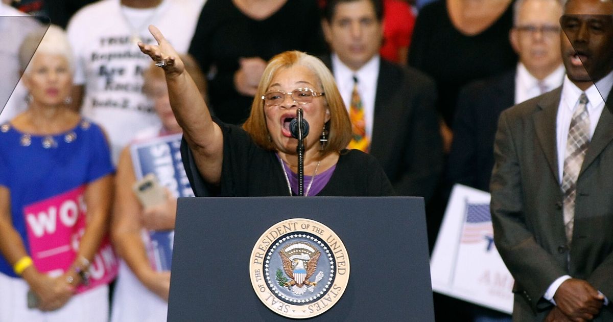 Alveda King, niece of the Rev. Dr. Martin Luther King Jr., speaks to a crowd of supporters at the Phoenix Convention Center during a rally for President Donald Trump on Aug. 22, 2017, in Phoenix.