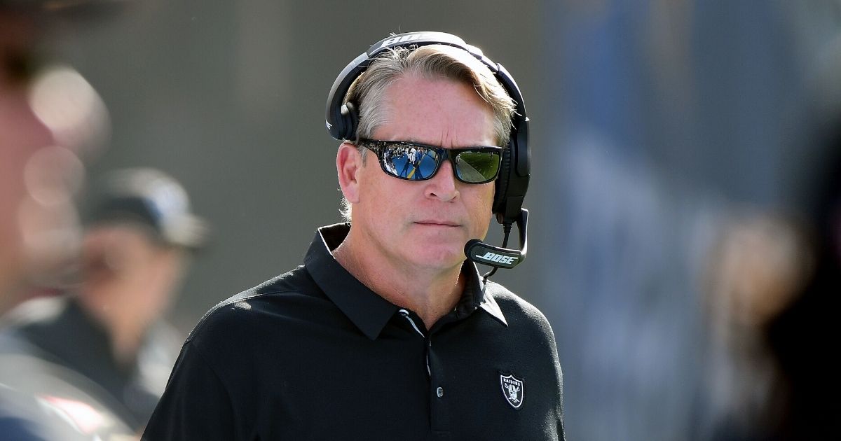 Washington Redskins defensive coordinator Jack Del Rio pictured in a 2017 file photo when he was head coach of the Oakland Raiders.