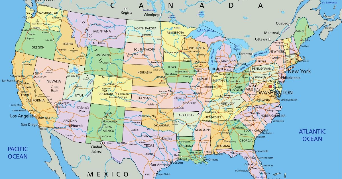 Stock image of a map of the United States.