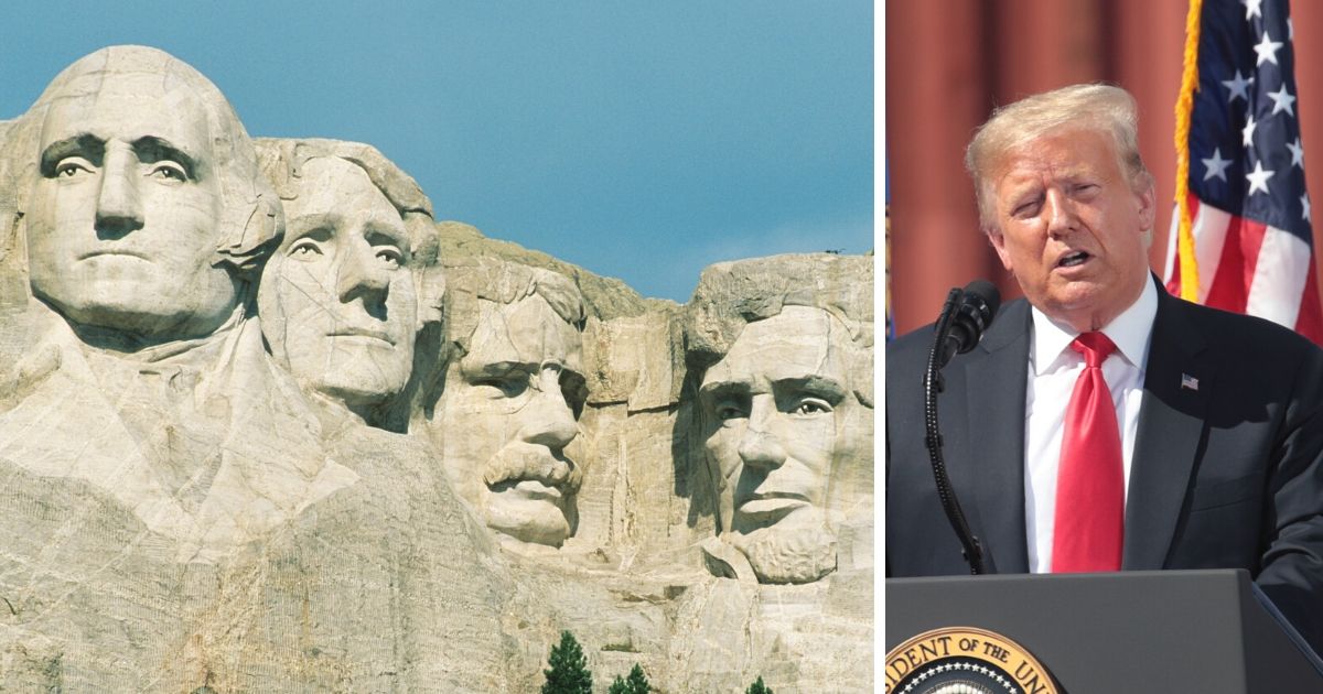South Dakota's Mount Rushmore, left; President Donald Trump, right.