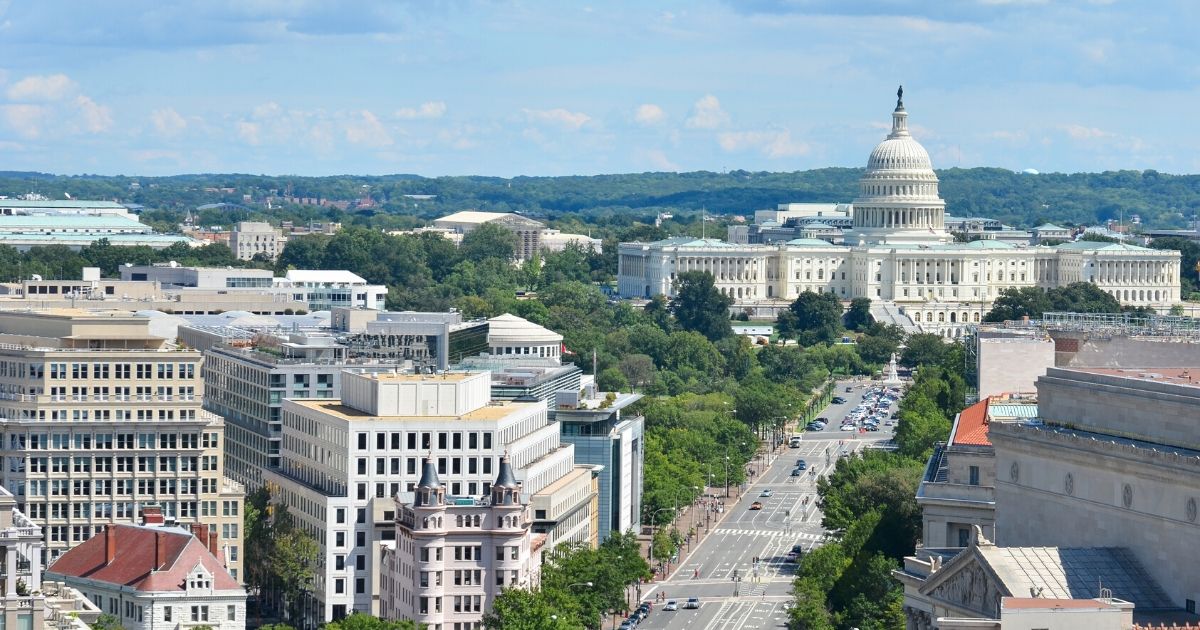 An aerial view of Washington, D.C., is seen above.