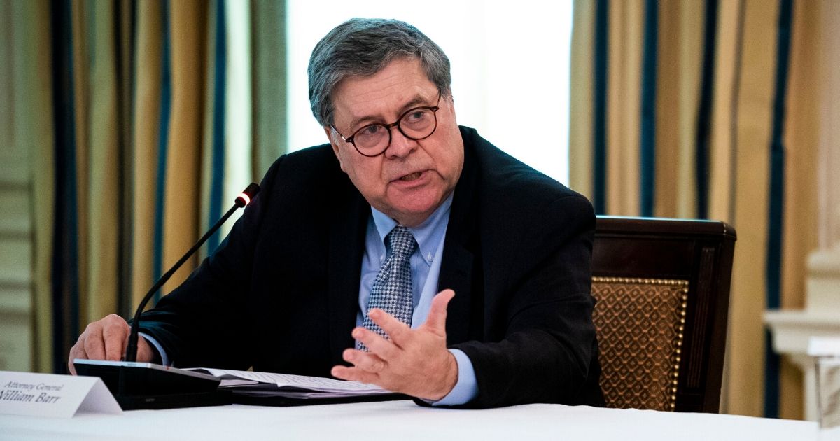 Attorney General William Barr speaks during in a roundtable with law enforcement officials in the State Dining Room of the White House on June, 8, 2020, in Washington, D.C.