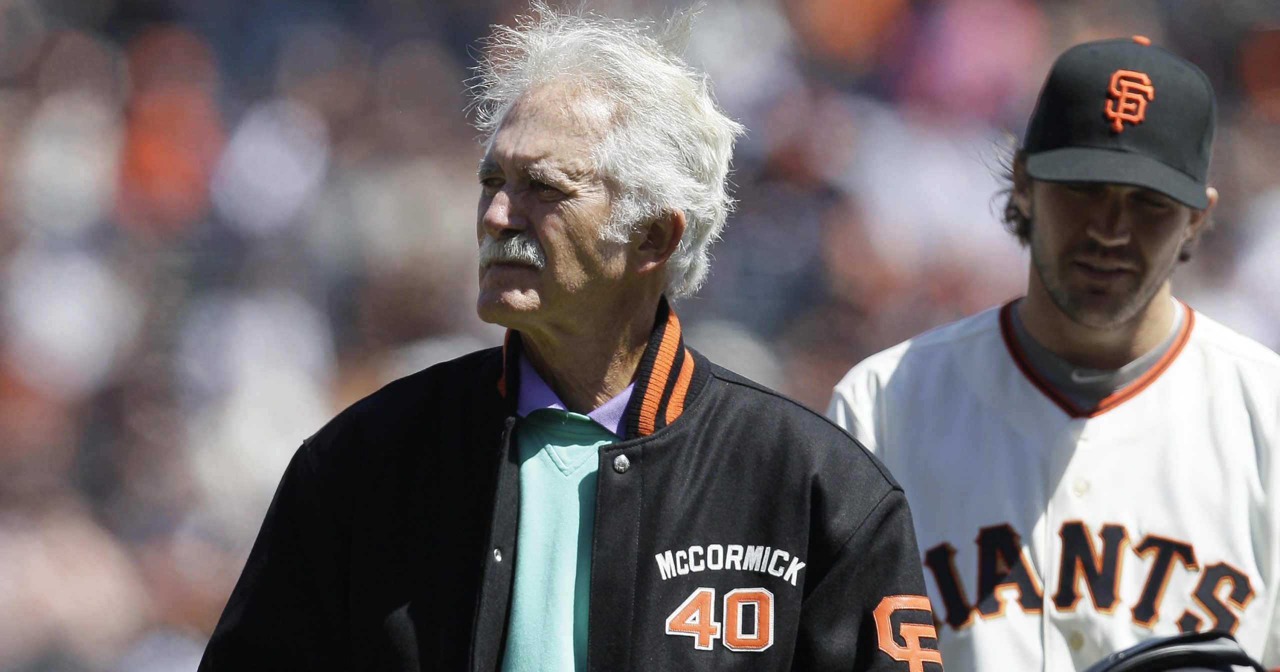 This April 13, 2012, photo shows former San Francisco Giants pitcher Mike McCormick before a baseball game between the Giants and the Pittsburgh Pirates in San Francisco. McCormick, who won the Cy Young Award in 1967, died June 13, 2020, at his home in North Carolina after a long battle with Parkinson’s disease. He was 81.