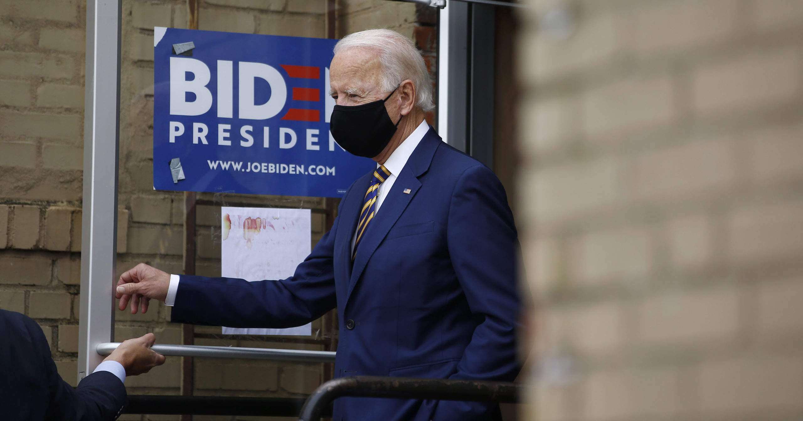 Democratic presidential candidate Joe Biden arrives at a restaurant to speak with small business owners on June 17, 2020, in Yeadon, Pennsylvania.
