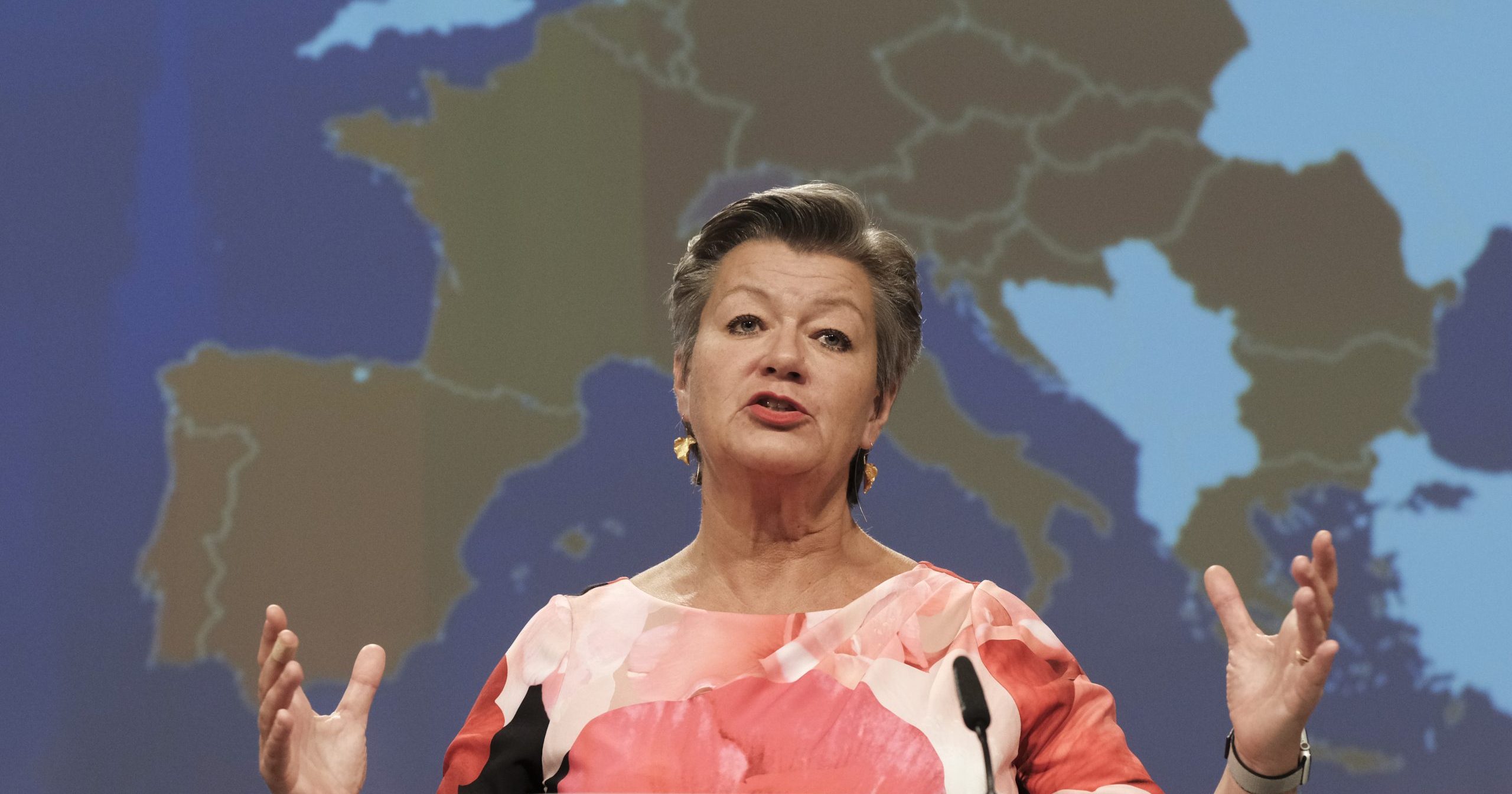 European Commissioner for Home Affairs Ylva Johansson addresses a video news conference at EU headquarters in Brussels on June 11, 2020.