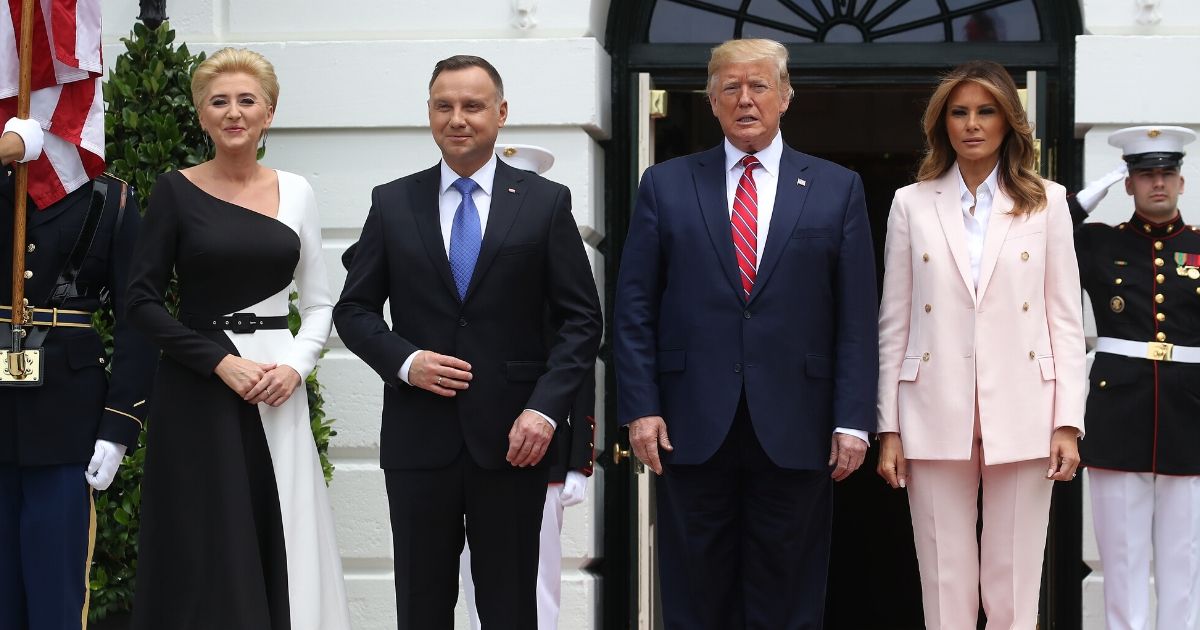 President Donald Trump and First Lady Melania Trump welcome Polish President Andrzej Duda and his wife, Agata Kornhauser-Duda, to the White House on June 12, 2019, in Washington, D.C.