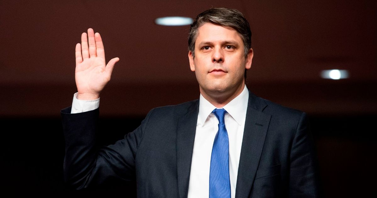 Justin Walker swears in before a Senate Judiciary Committee hearing on his nomination to be a circuit judge for the District of Columbia Circuit on Capitol Hill on May 6, 2020.