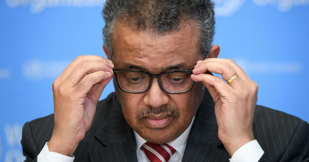 A photo taken on March 11, 2020, shows World Health Organization Director-General Tedros Adhanom Ghebreyesus attending a press briefing on COVID-19 at the WHO headquarters in Geneva.