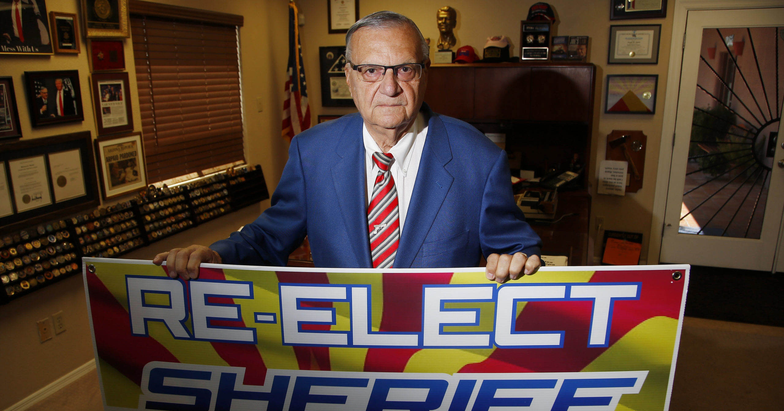 Former Maricopa County Sheriff Joe Arpaio poses for a picture in his office on July 22, 2020, in Fountain Hills, Arizona. He faces his former second-in-command, Jerry Sheridan, in the Aug. 4 Republican primary in what has become his second comeback bid.