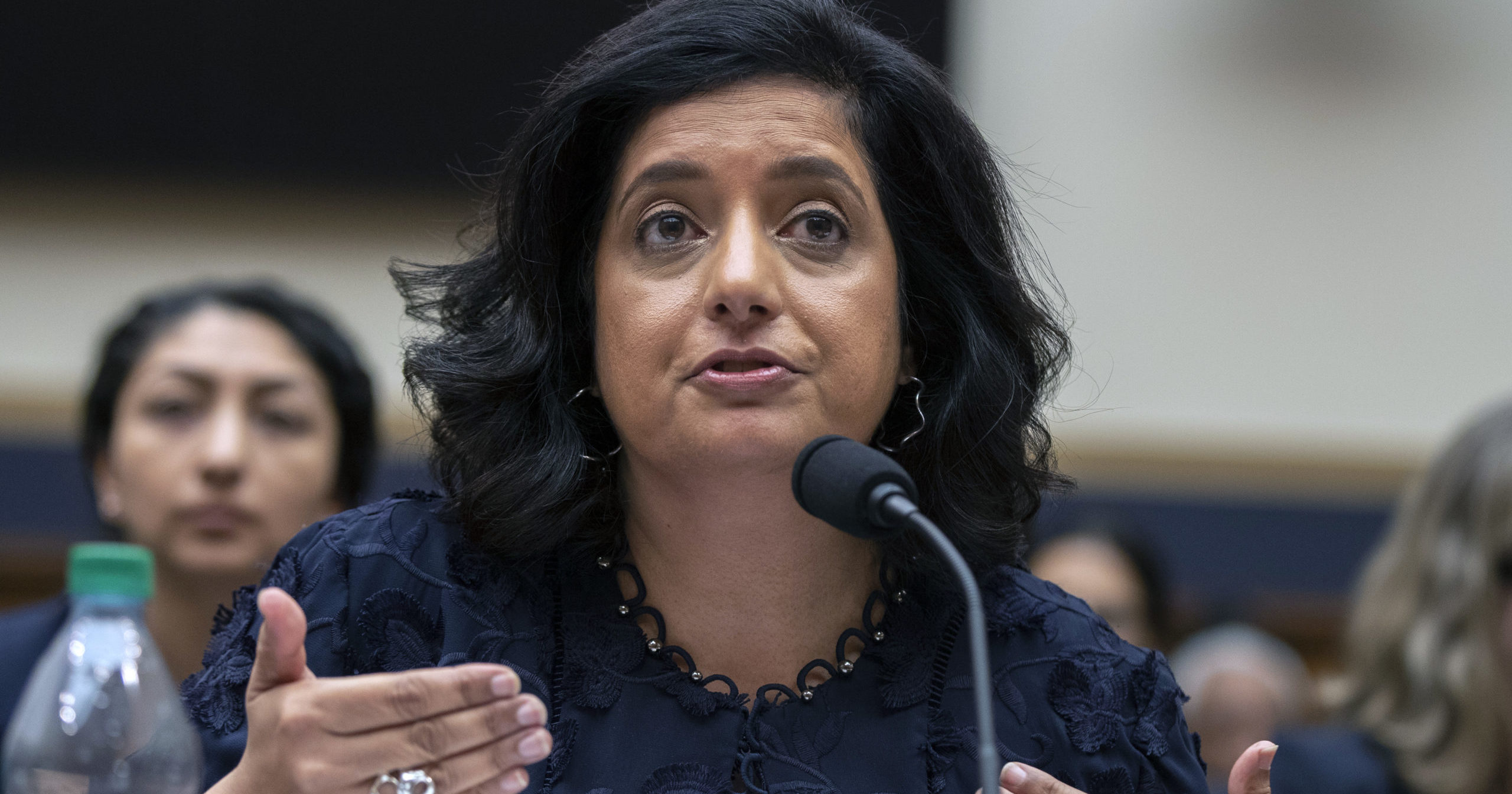 In this Sept. 24, 2019, file photo, Farhana Khera, president and executive director of Muslim Advocates, speaks during a joint hearing on the Trump administration's travel ban on Capitol Hill in Washington, D.C. The House has approved a measure that would repeal the travel ban and further restrict the president’s power to limit entry to the U.S.