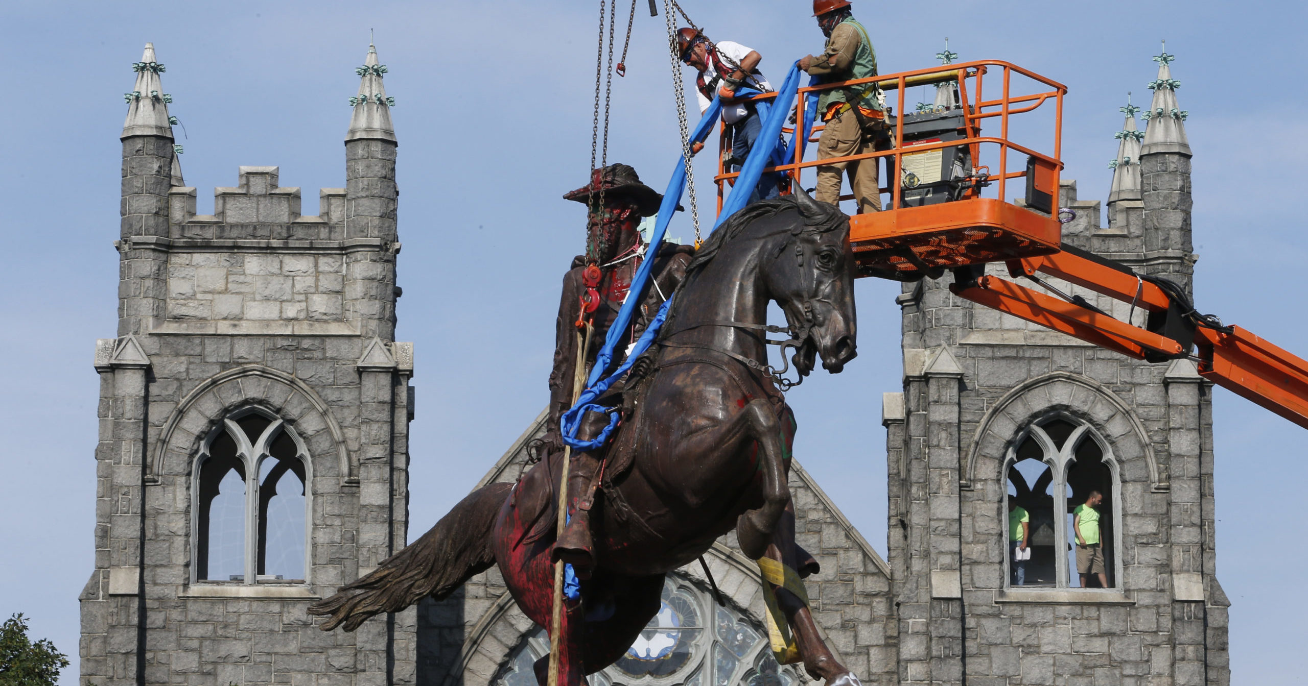 A statue of Confederate General J.E.B. Stuart is removed on July 6, 2020, in Richmond, Virginia.