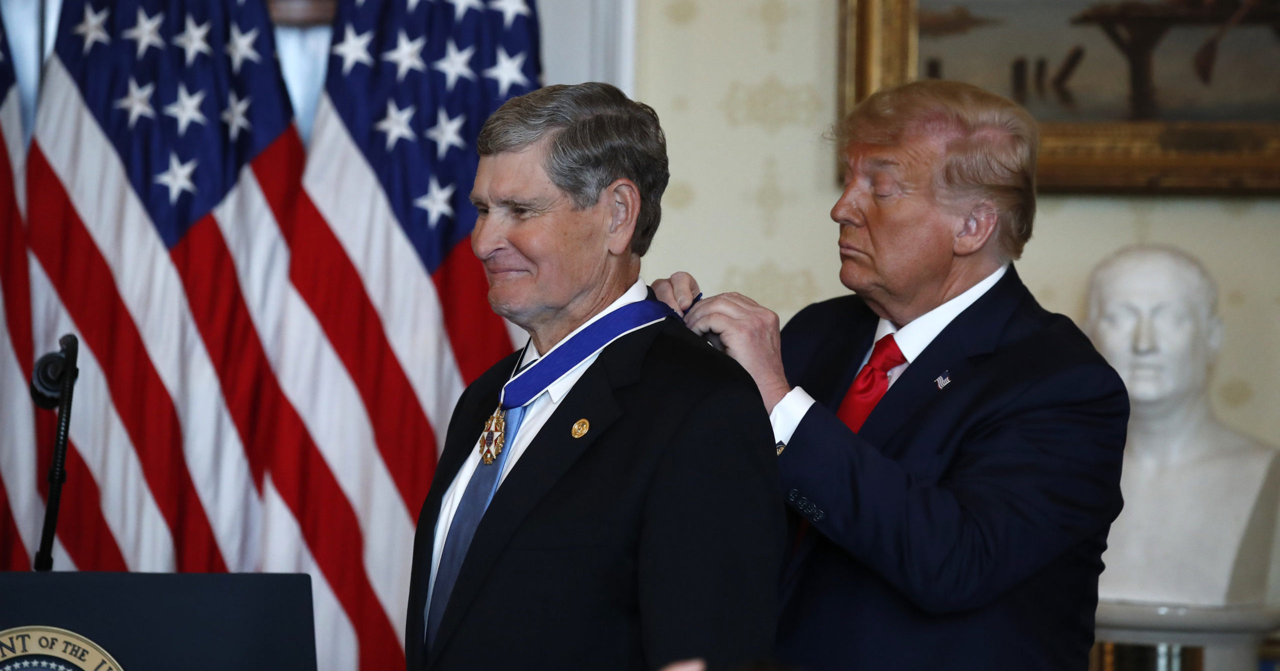 President Donald Trump presents the Presidential Medal of Freedom to Jim Ryun in the Blue Room of the White House on July 24, 2020, in Washington, D.C.