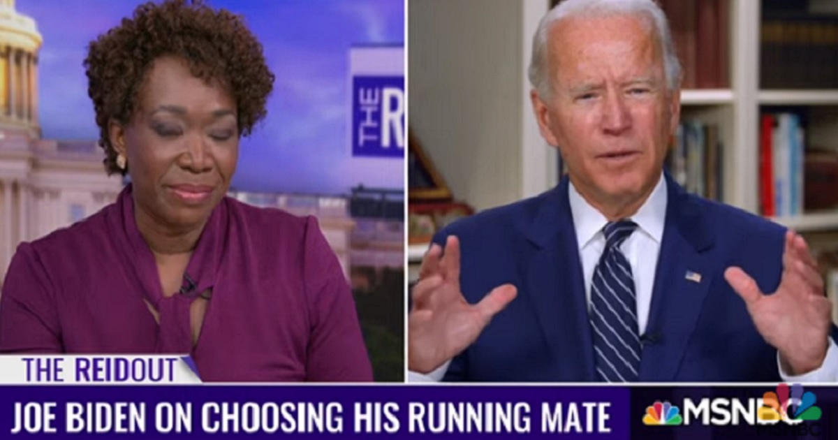 Former Vice President Joe Biden, right, appears Monday on MSNBC's "The ReidOut" with host Joy Reid.