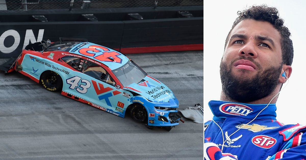 Bubba Wallace, right, spins the No. 43 World Wide Technology Chevrolet, left, during the NASCAR Cup Series All-Star Open at Bristol Motor Speedway in Tennessee on July 15, 2020.