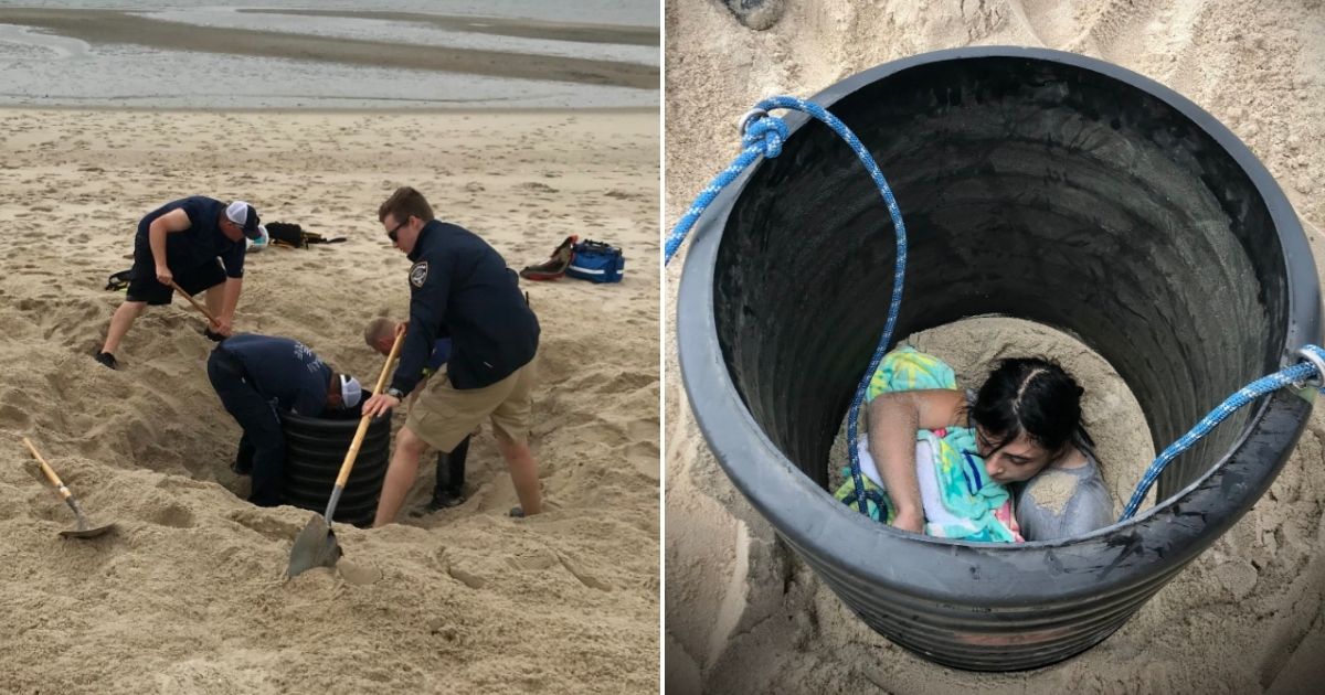 First responders digging out 15-year-old Tessa Filmer-Gallagher, left, and Filmer-Gallagher trapped in sand, right.