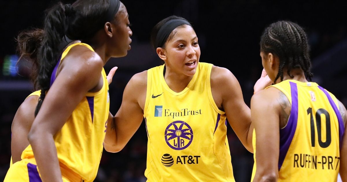 Candace Parker of the Los Angeles Sparks rallies her team against the Las Vegas Aces during a game June 27, 2019, at Staples Center in Los Angeles.