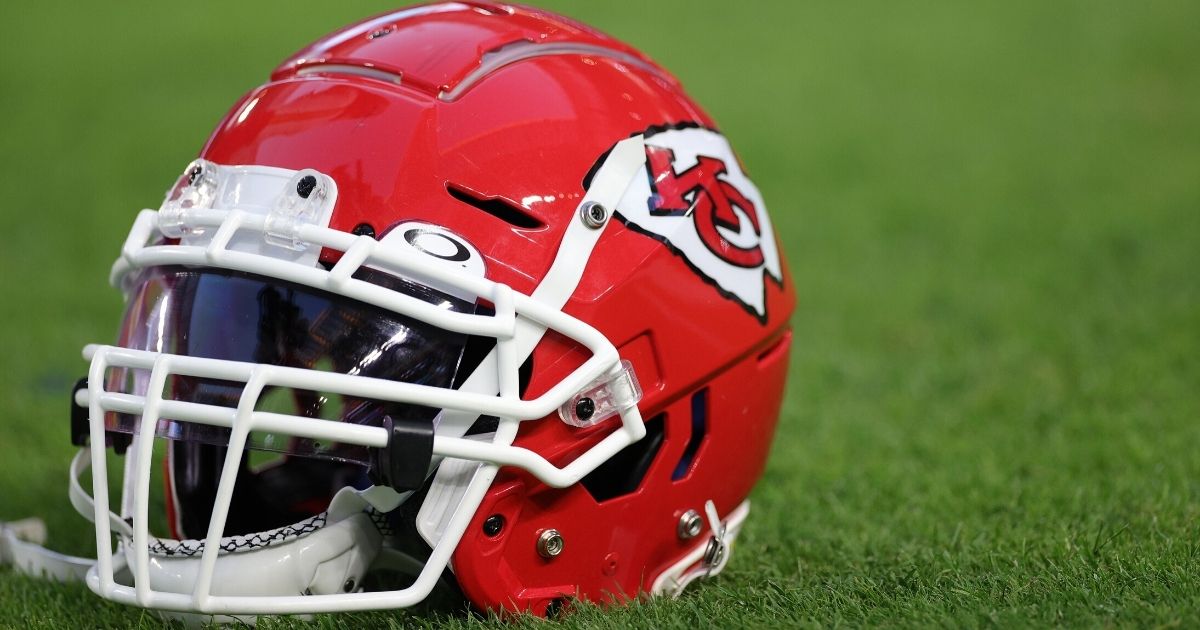 A Kansas City Chiefs helmet is seen on the field at Hard Rock Stadium in Miami before Super Bowl LIV on Feb. 2, 2020.