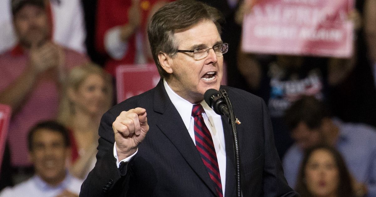 Texas Lt. Gov. Dan Patrick addresses the crowd on Oct. 22, 2018, at the Toyota Center in Houston, Texas.