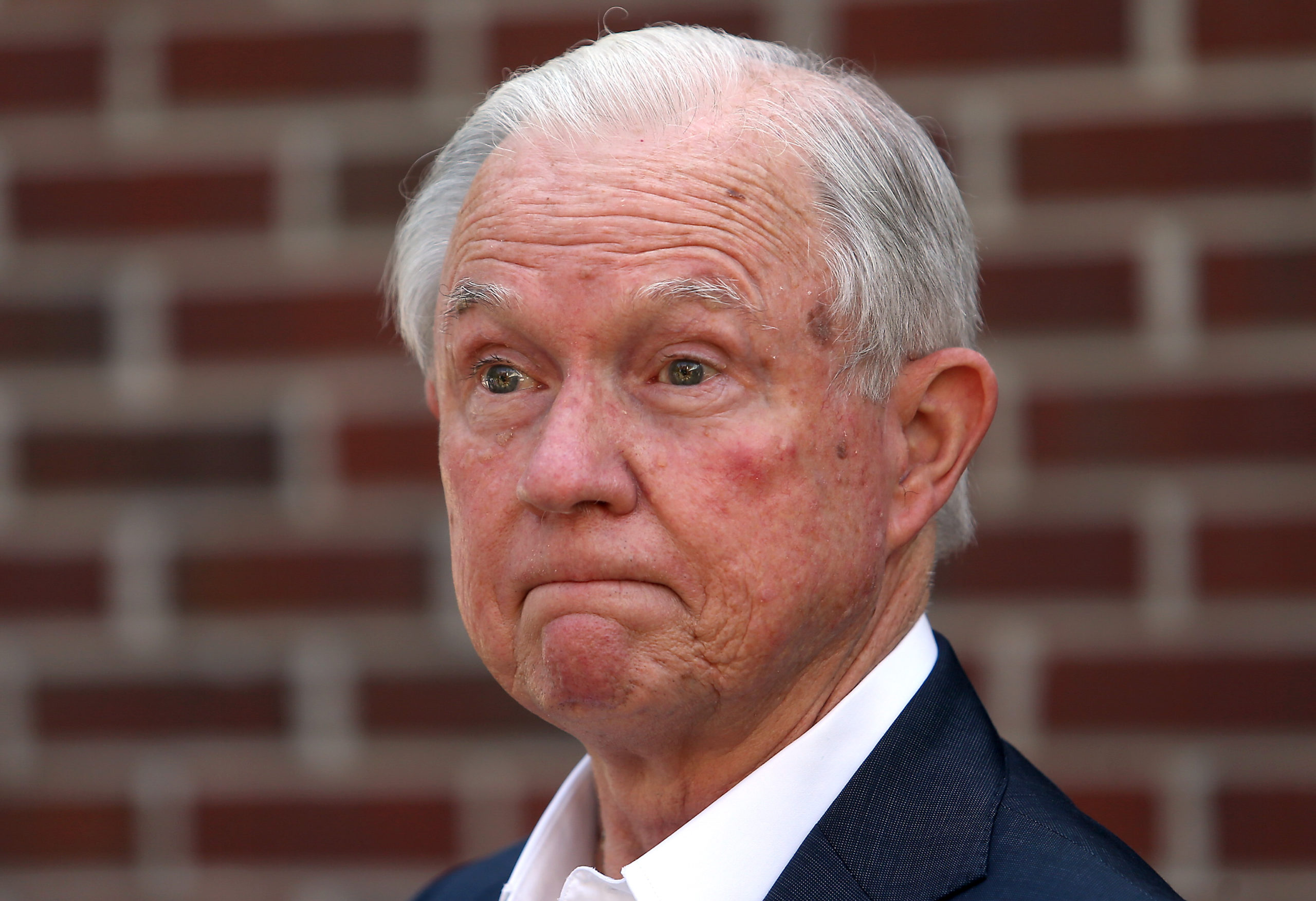 Former Attorney General Jeff Sessions addresses the media after voting Tuesday in the Alabama Republican primary runoff for the U.S. Senate.