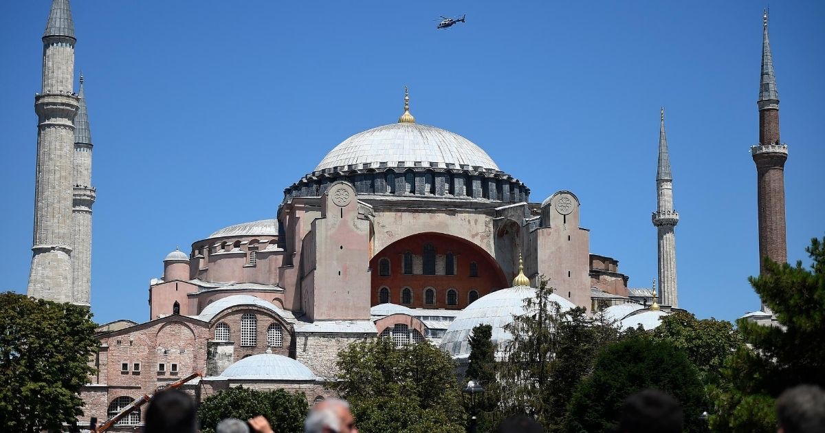 The Hagia Sophia in Istanbul is seen during Muslim worship on July 24, 2020, after the Byzantine-era cathedral was converted into a mosque.