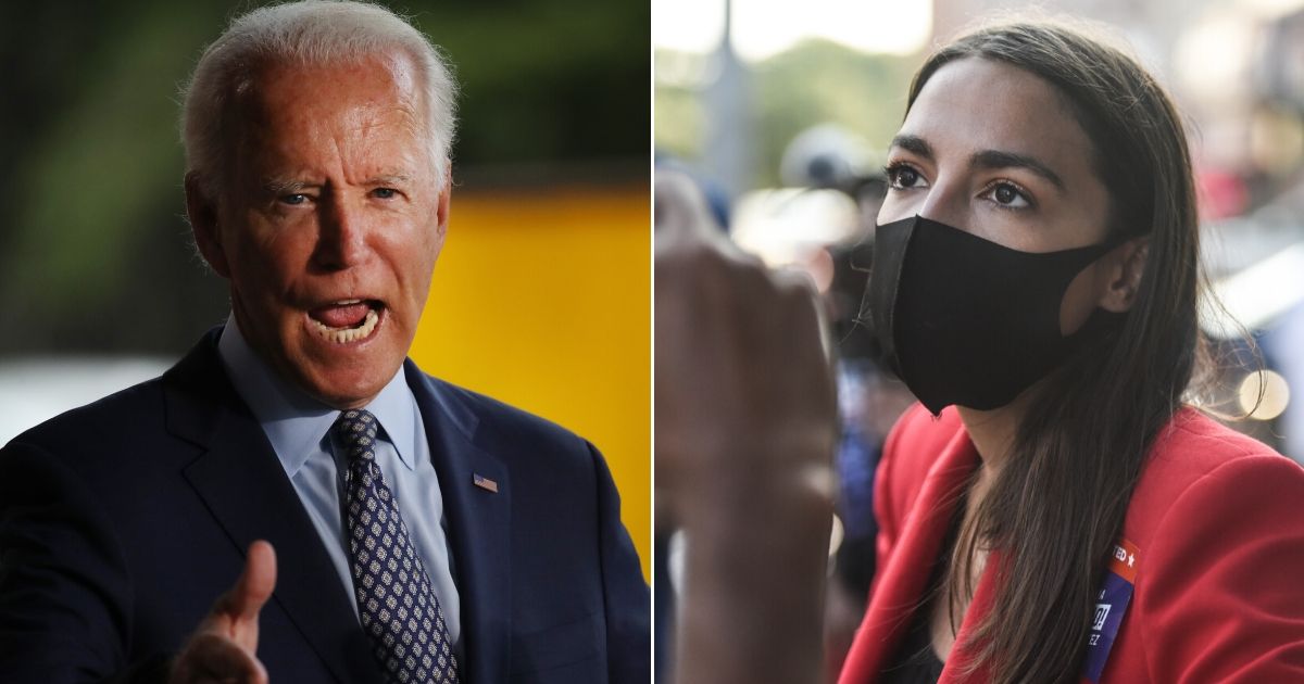 Former Vice President Joe Biden, left, appeared to take a page out of New York Democratic Rep. Alexandria Ocasio-Cortez's book with his proposed climate plan.