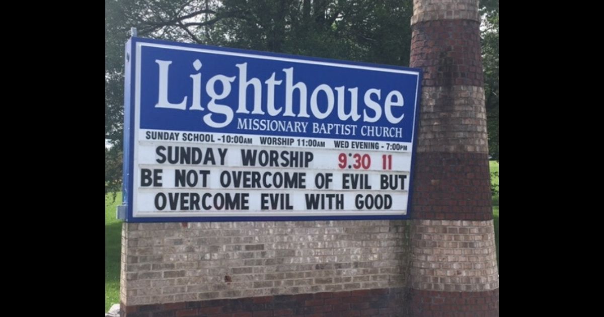 The sign in front of Lighthouse Missionary Baptist Church in Jonesborough, Tennessee.