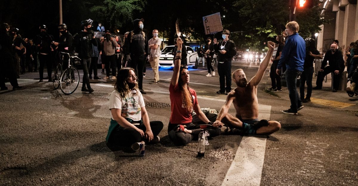 Protesters seen near the Multnomah County Justice Center on July 17, 2020 in Portland, Oregon.