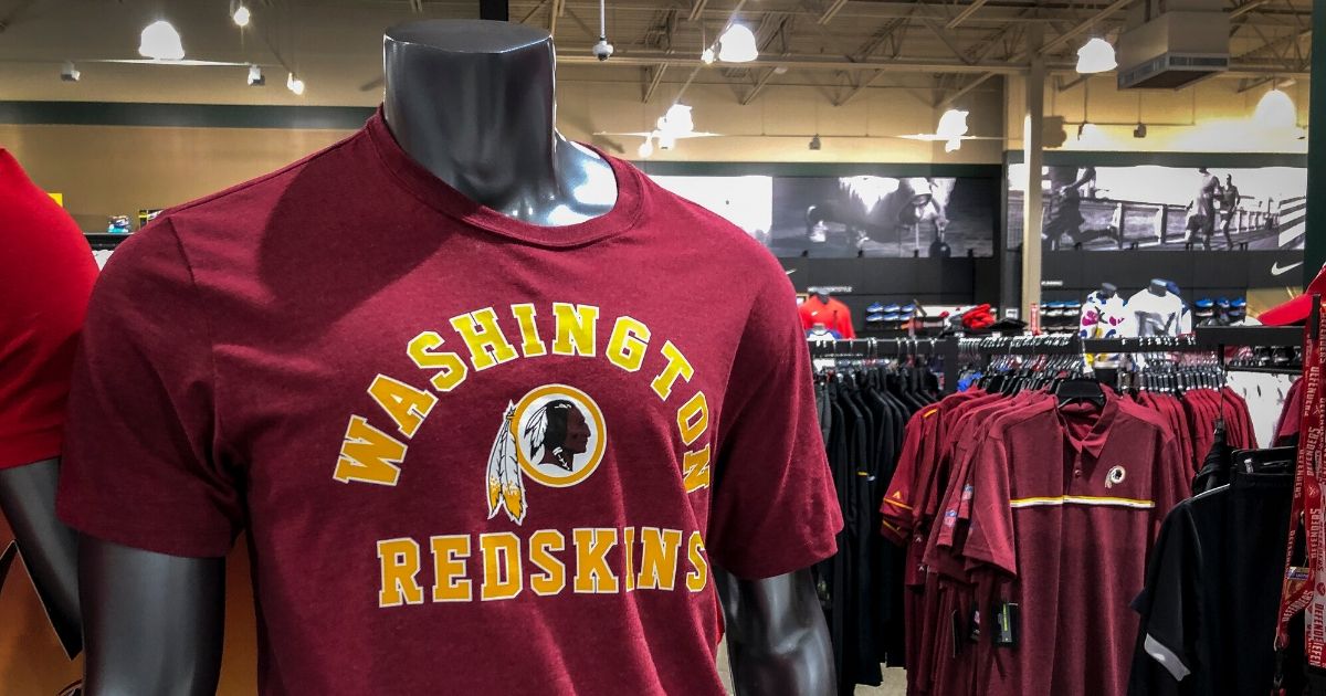 Washington Redskins merchandise is displayed for sale at a D.C. sporting goods store on July 7, 2020.