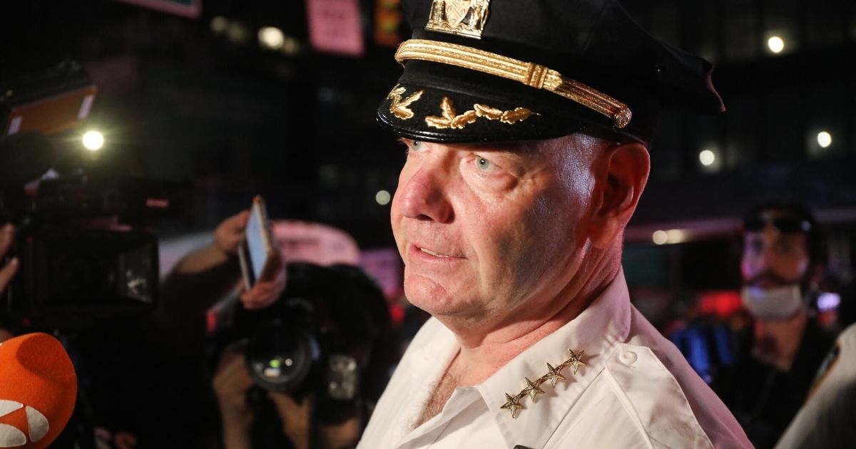 Chief of Department Terence Monahan, the New York City Police Department’s highest-ranking uniformed officer, speaks to the media at the scene of a mass arrest of protesters in Manhattan on June 3, 2020, in New York City.