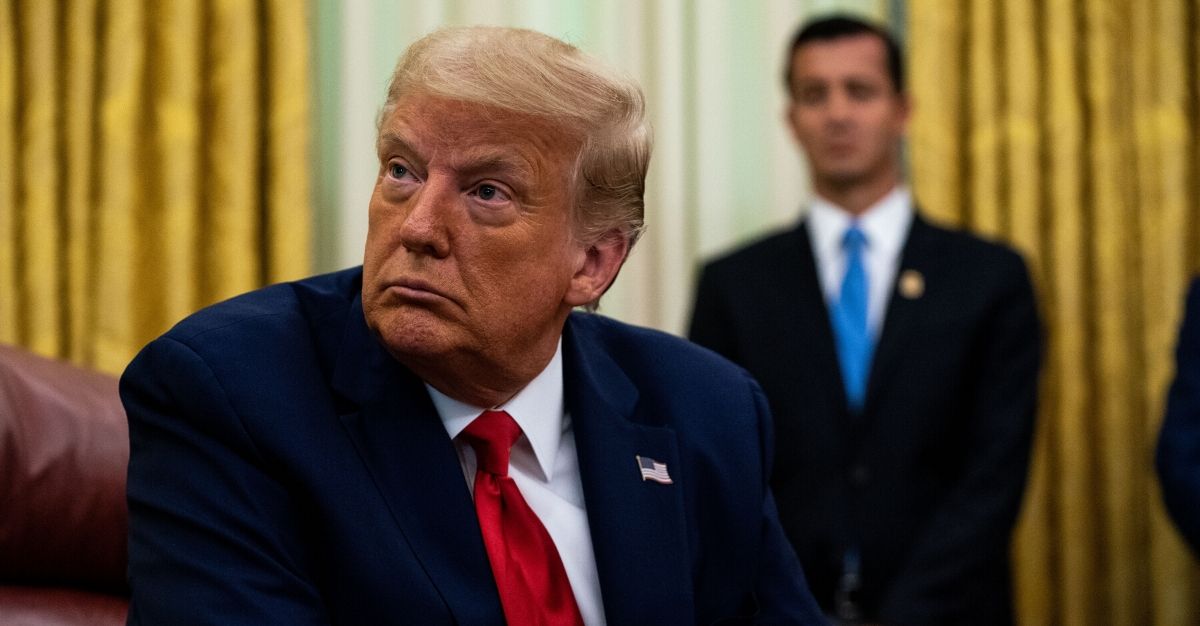 President Donald Trump speaks in the Oval Office of the White House after receiving a briefing from law enforcement on "Keeping American Communities Safe: The Takedown of Key MS-13 Criminal Leaders" on July 15, 2020.