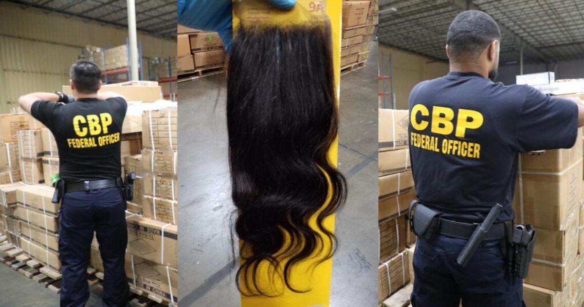 A compilation photo of CBP agents search shipments for suspicious goods and seized human hair.