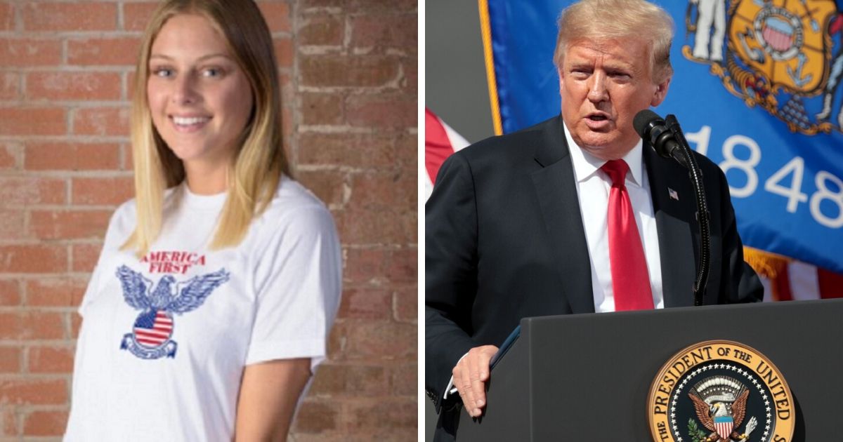 A T-shirt for the Trump campaign, left, is being accused by an anti-Trump organization of harboring secret Nazi symbolism. Right, President Donald Trump speaks last week in Marinette, Wisonsin.
