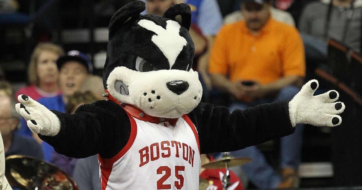The Boston University Terriers mascot reacts during the second round game against the Kansas Jayhawks in the 2011 NCAA men's basketball tournament at the BOK Center on March 18, 2011, in Tulsa, Oklahoma.