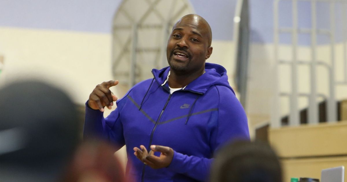 Former NFL player Marcellus Wiley speaks to attendees at the Trauma-Sensitive Training for Sports Coaches at the Jesse Owens Recreation Center on May 23, 2019, in Los Angeles.