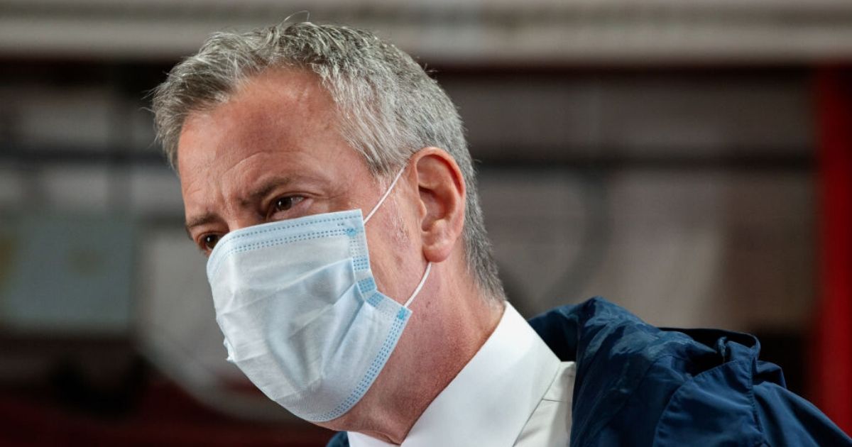 New York City Mayor Bill de Blasio speaks to firefighters following the donation of meals on International Firefighters Day on May 4, 2020, in New York City.