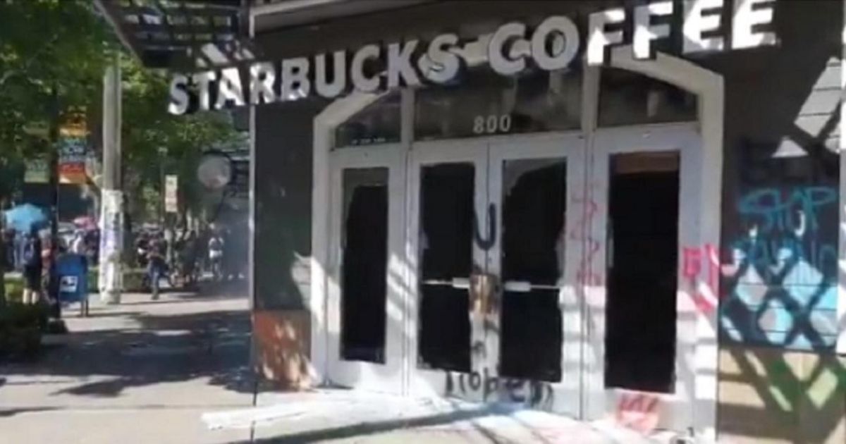 A burned out Starbucks coffee shop in Seattle.