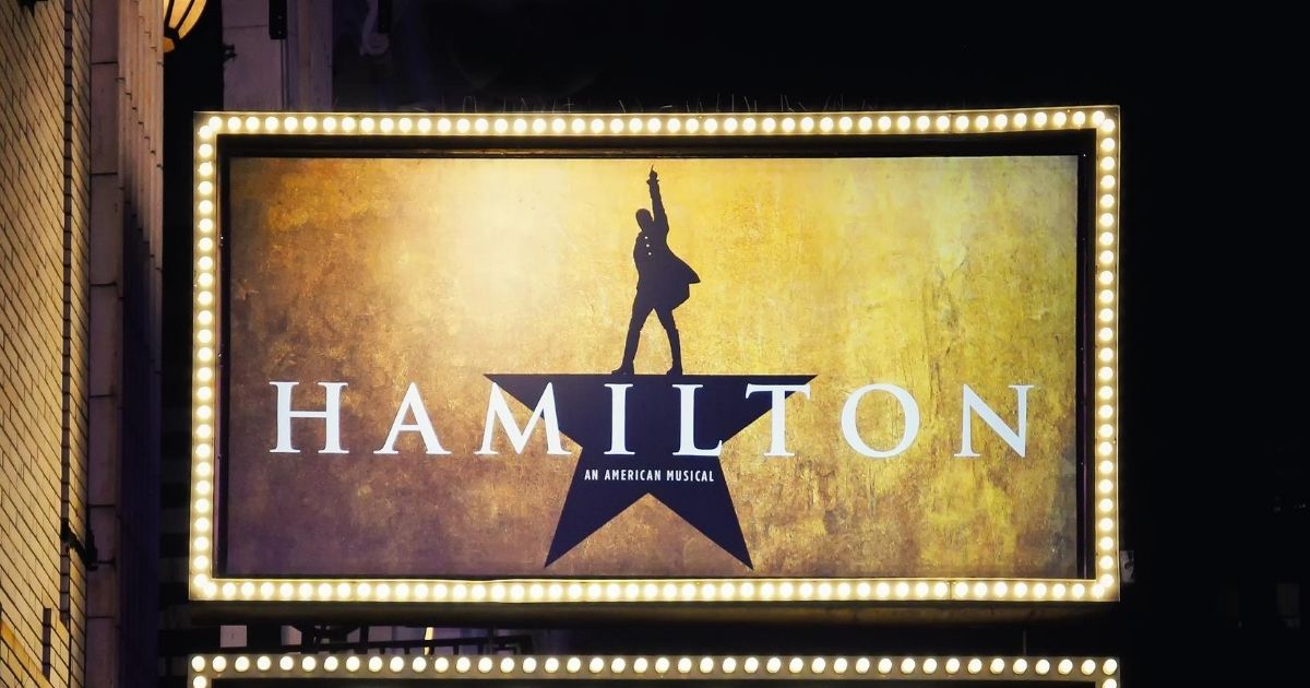 A sign for the musical "Hamilton" in New York City is pictured above.