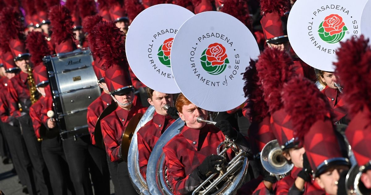 A marching band participates in the 131st Rose Parade in Pasadena, California, on Jan. 1, 2020. The parade features floral floats, marching bands and equestrian units to ring in the New Year. The 2021 parade already has been canceled.