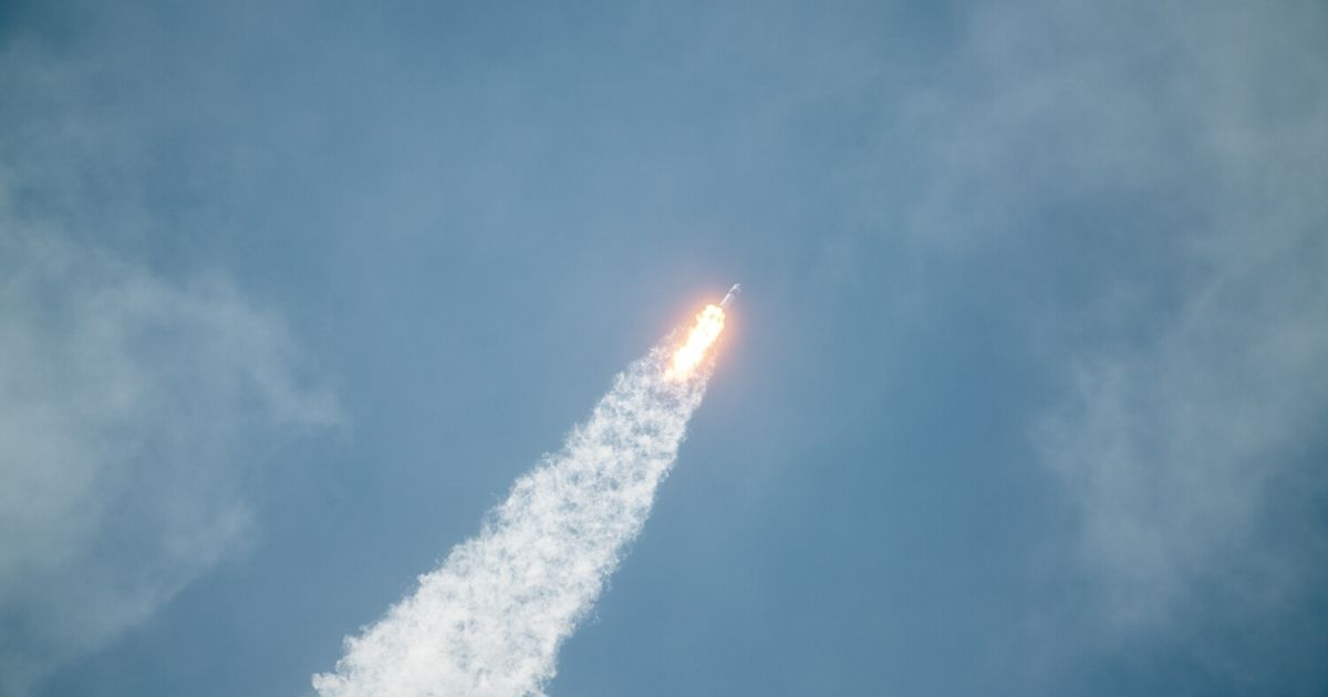 In this SpaceX handout image, a Falcon 9 rocket carrying the company's Crew Dragon spacecraft launches on a mission to the International Space Station on May 30, 2020, at the Kennedy Space Center in Cape Canaveral, Florida.