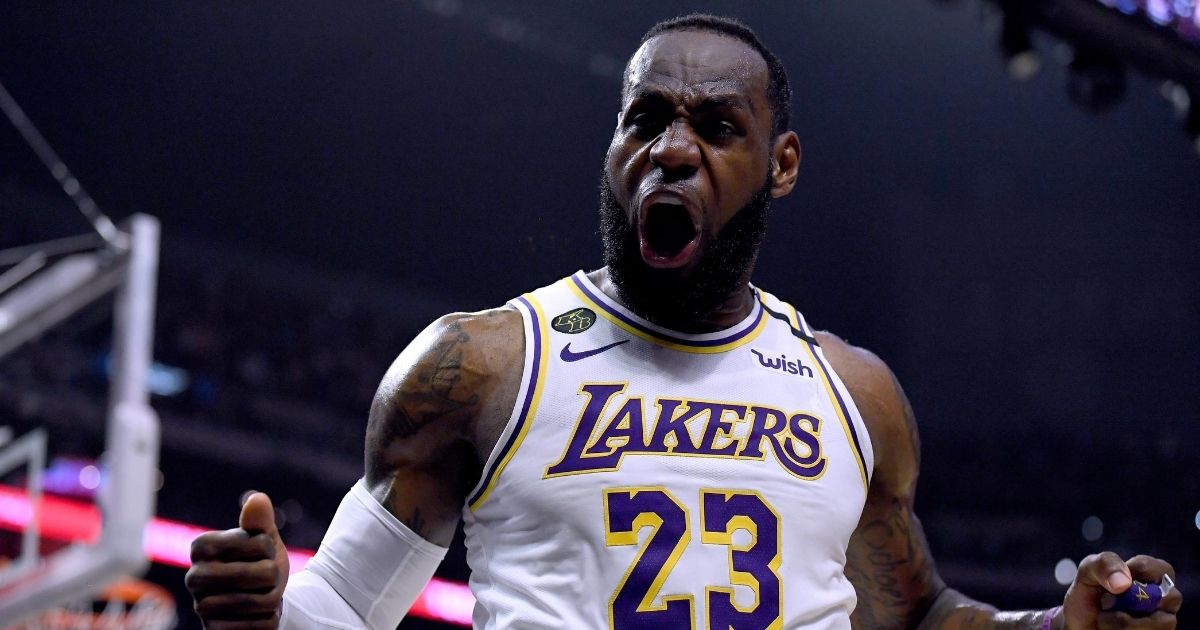 LeBron James of the Los Angeles Lakers celebrates a basket during his team's victory over the Clippers on March 8, 2020, in Los Angeles.