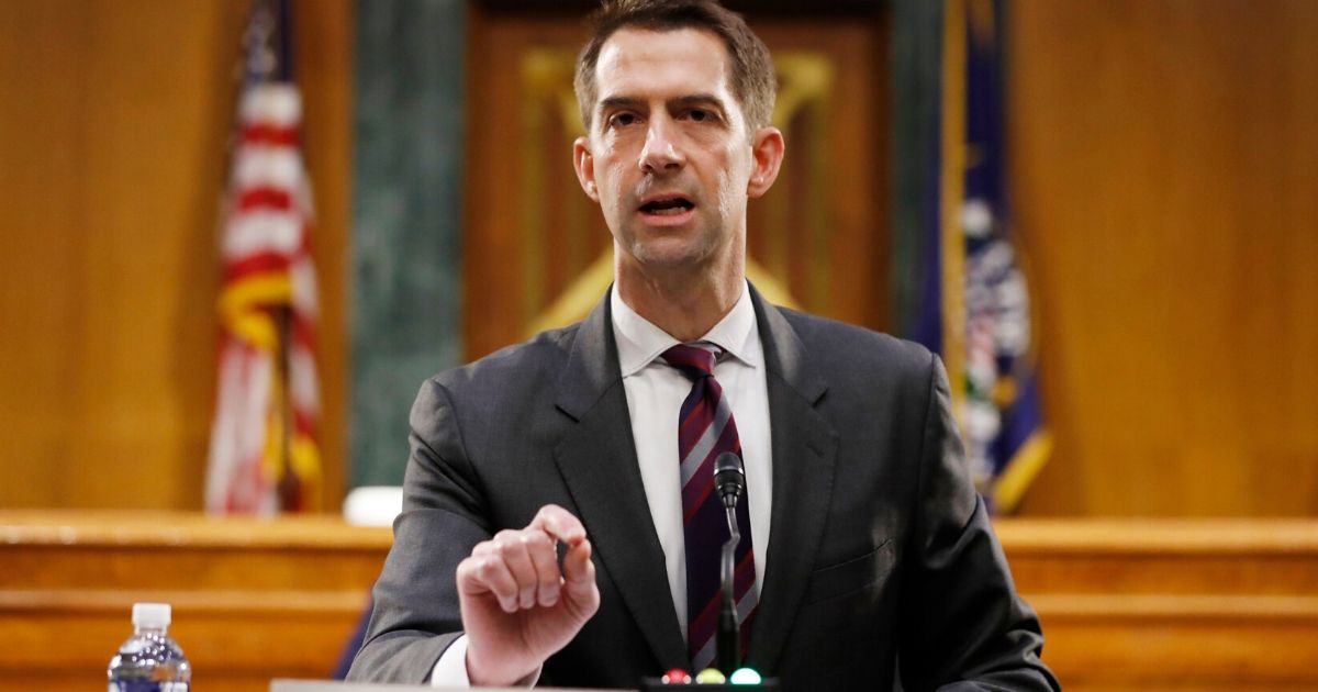 Republican Sen. Tom Cotton of Arkansas speaks during a Senate Intelligence Committee nomination hearing for Rep. John Ratcliffe of Texas on Capitol Hill in May 2020.