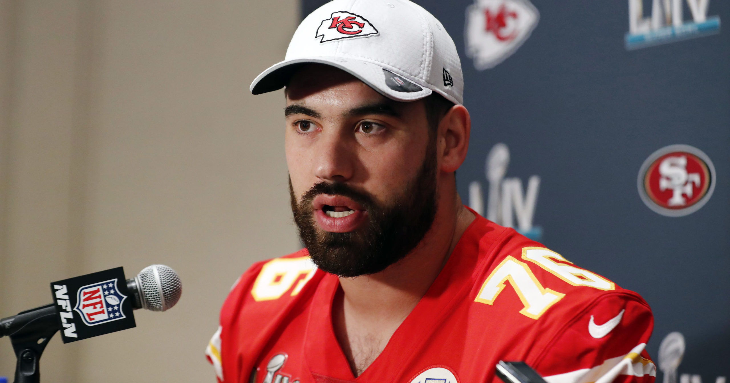 In this Jan. 29, 2020, file photo, Kansas City Chiefs offensive guard Laurent Duvernay-Tardif speaks during a news conference in Aventura, Florida, before the Super Bowl. Duvernay-Tardif became the first player to opt out of the upcoming NFL season due to the coronavirus pandemic on July 24, 2020.