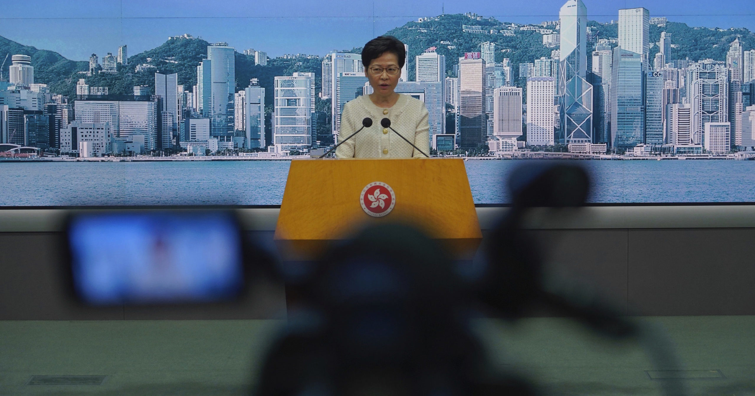 Hong Kong Chief Executive Carrie Lam listens to reporters' questions during a news conference in Hong Kong on July 7, 2020.