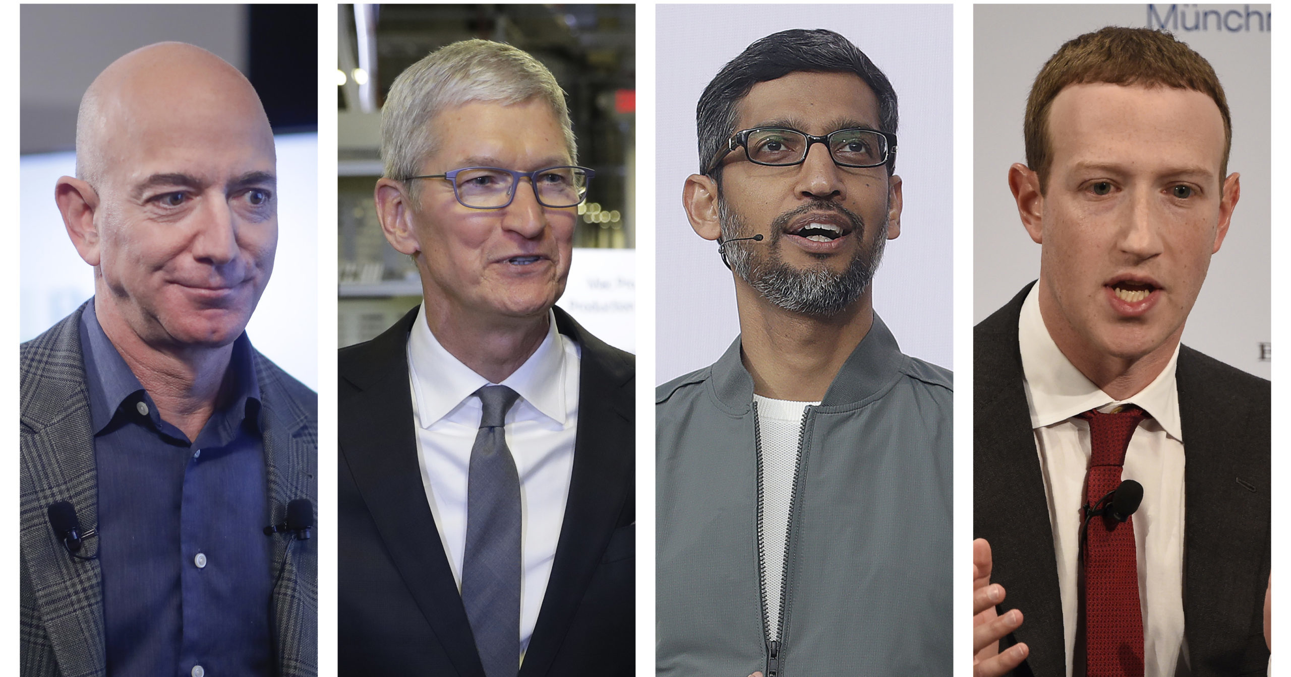 This combination of 2019-2020 photos shows Amazon CEO Jeff Bezos, Apple CEO Tim Cook, Google CEO Sundar Pichai and Facebook CEO Mark Zuckerberg. On July 29, 2020, the four big tech leaders will answer for their companies’ practices before Congress at a House Judiciary subcommittee hearing on antitrust.