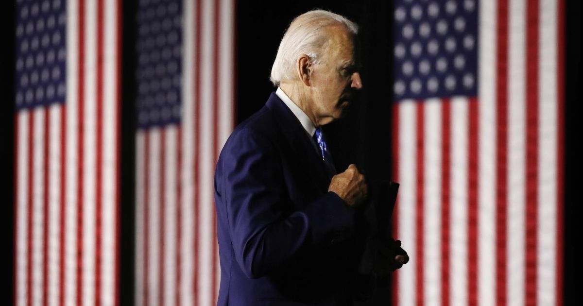 Democratic presidential candidate Joe Biden leaves after speaking at the Chase Center on July 14, 2020, in Wilmington, Delaware.