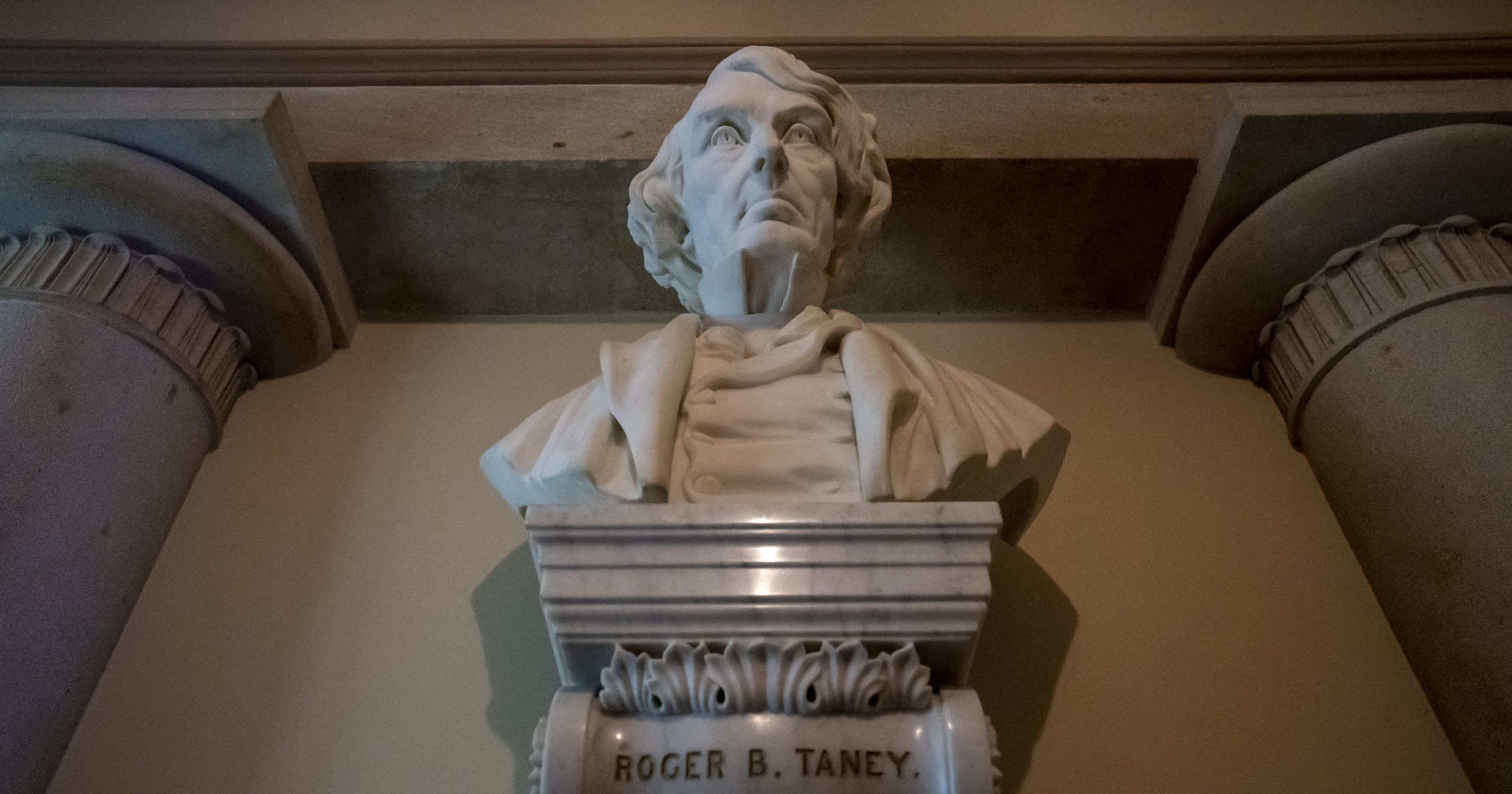 In this March 9, 2020, file photo, a marble bust of Chief Justice Roger Taney is displayed in the Old Supreme Court Chamber in the U.S. Capitol in Washington, D.C. The House will vote on July 22 on whether to remove the bust.