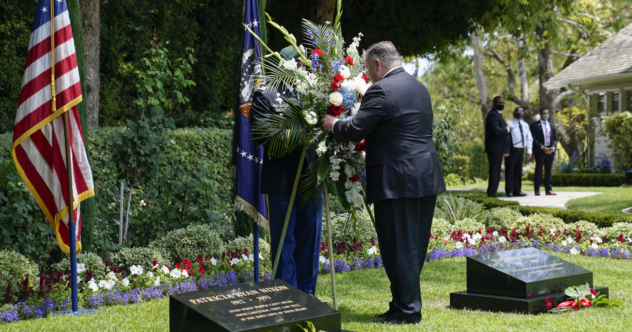 Secretary of State Mike Pompeo lays a wreath at the Richard Nixon Presidential Library on July 23, 2020, in Yorba Linda, California.