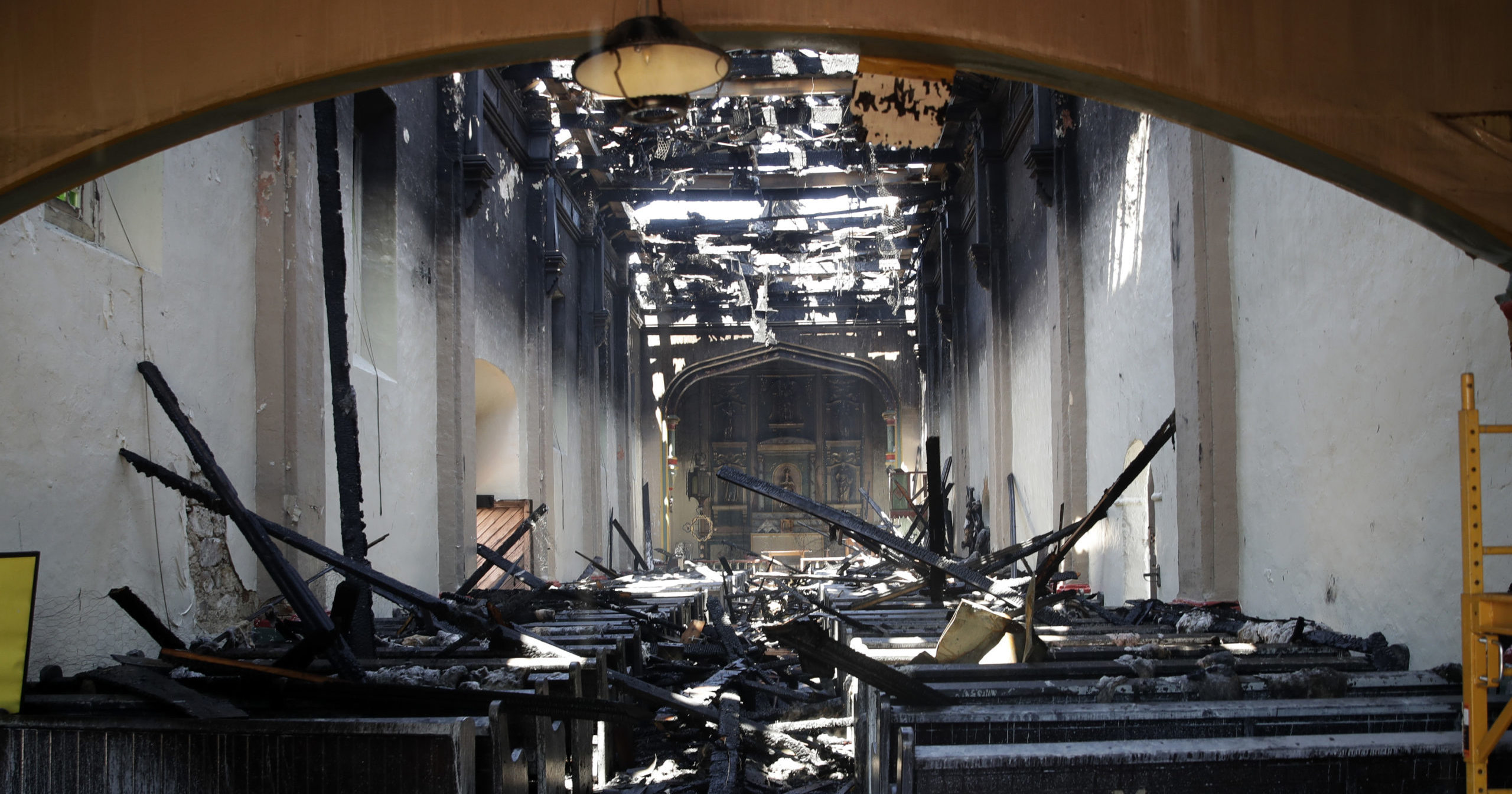 The interior of the San Gabriel Mission is damaged following a fire on July 11, 2020, in San Gabriel, California. The fire destroyed the rooftop and most of the interior of the nearly 250-year-old California church.